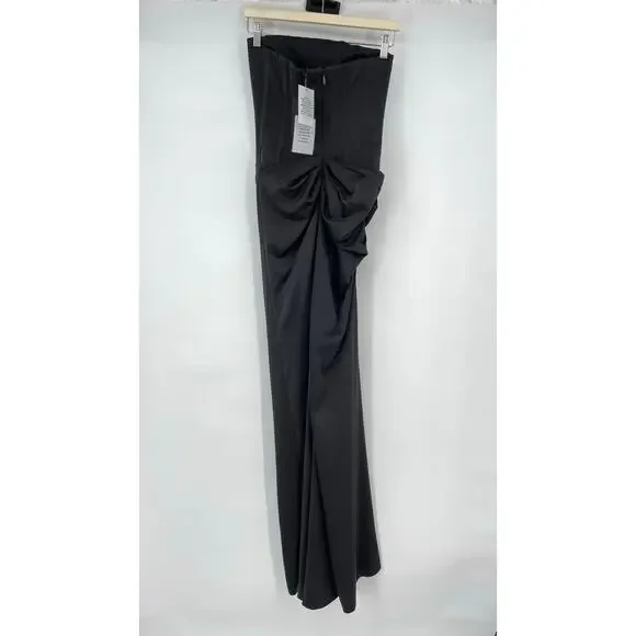 NBDNWT Jake Gown in Black Satin Strapless Corset Maxi Dress Rosette XS